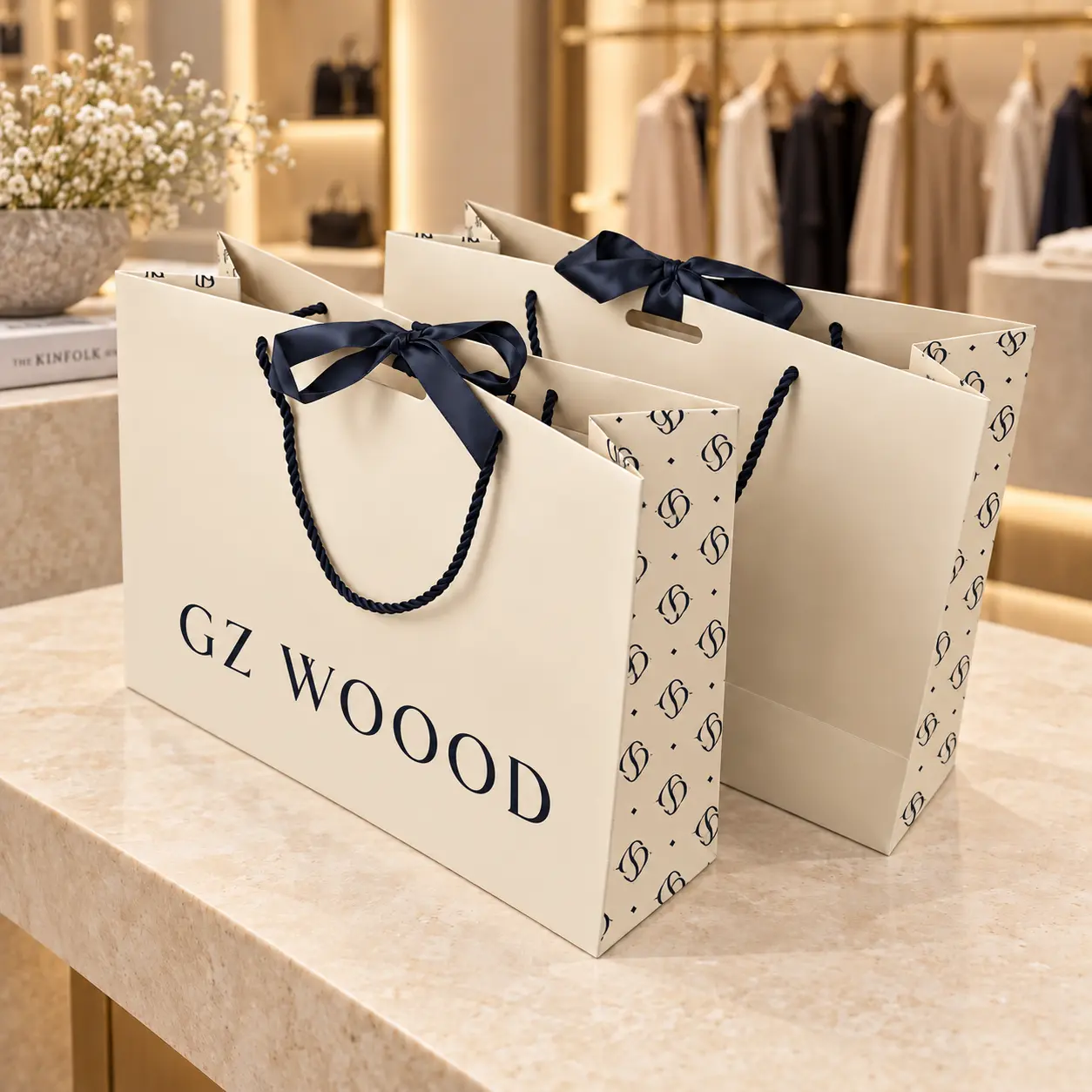 Custom white clothing paper bags with navy rope handles and ribbon bows for fashion brands