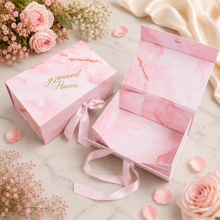 Custom rigid flower gift box with ribbon closure and gold-foiled logo