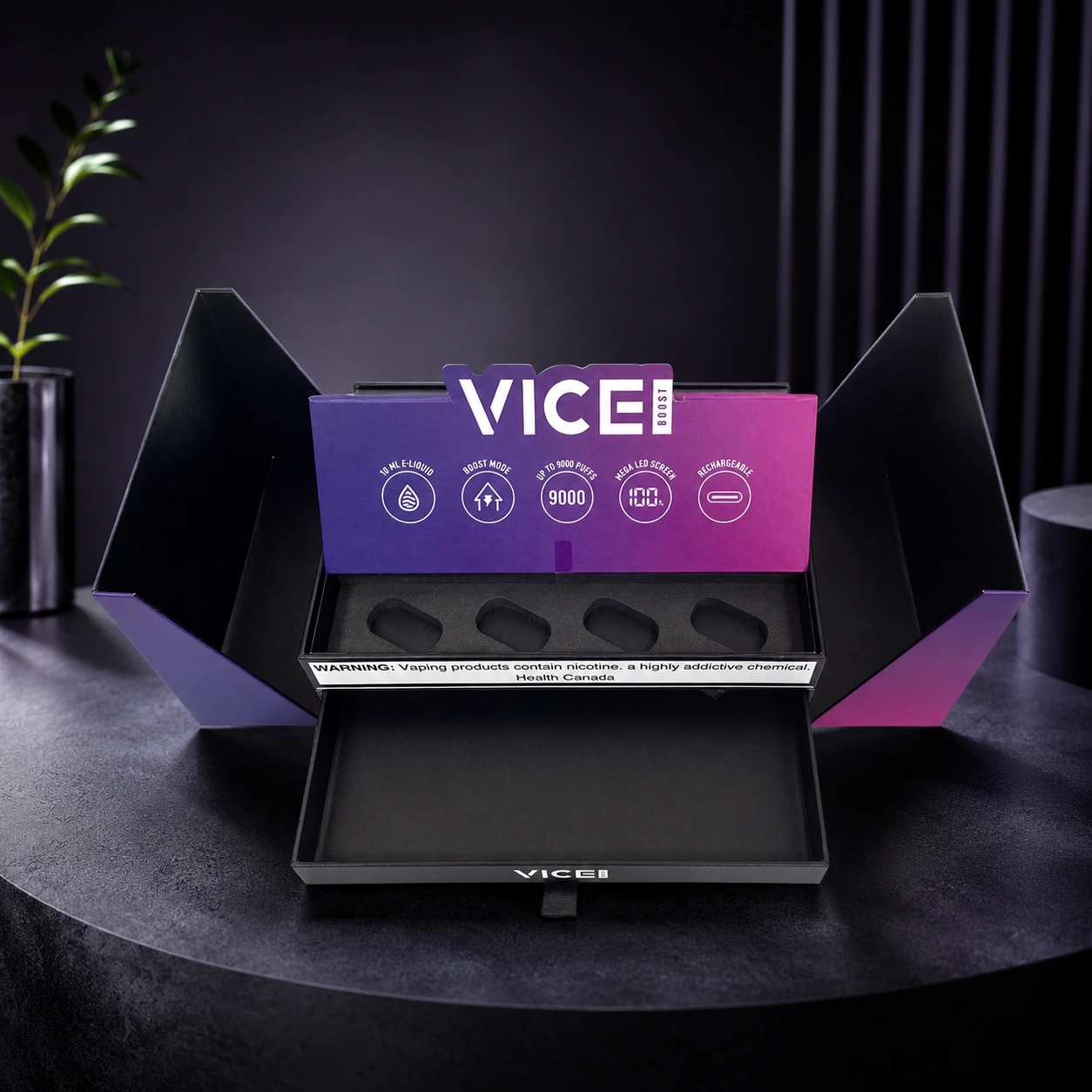 Premium double-door rigid vape display box with custom foam insert
