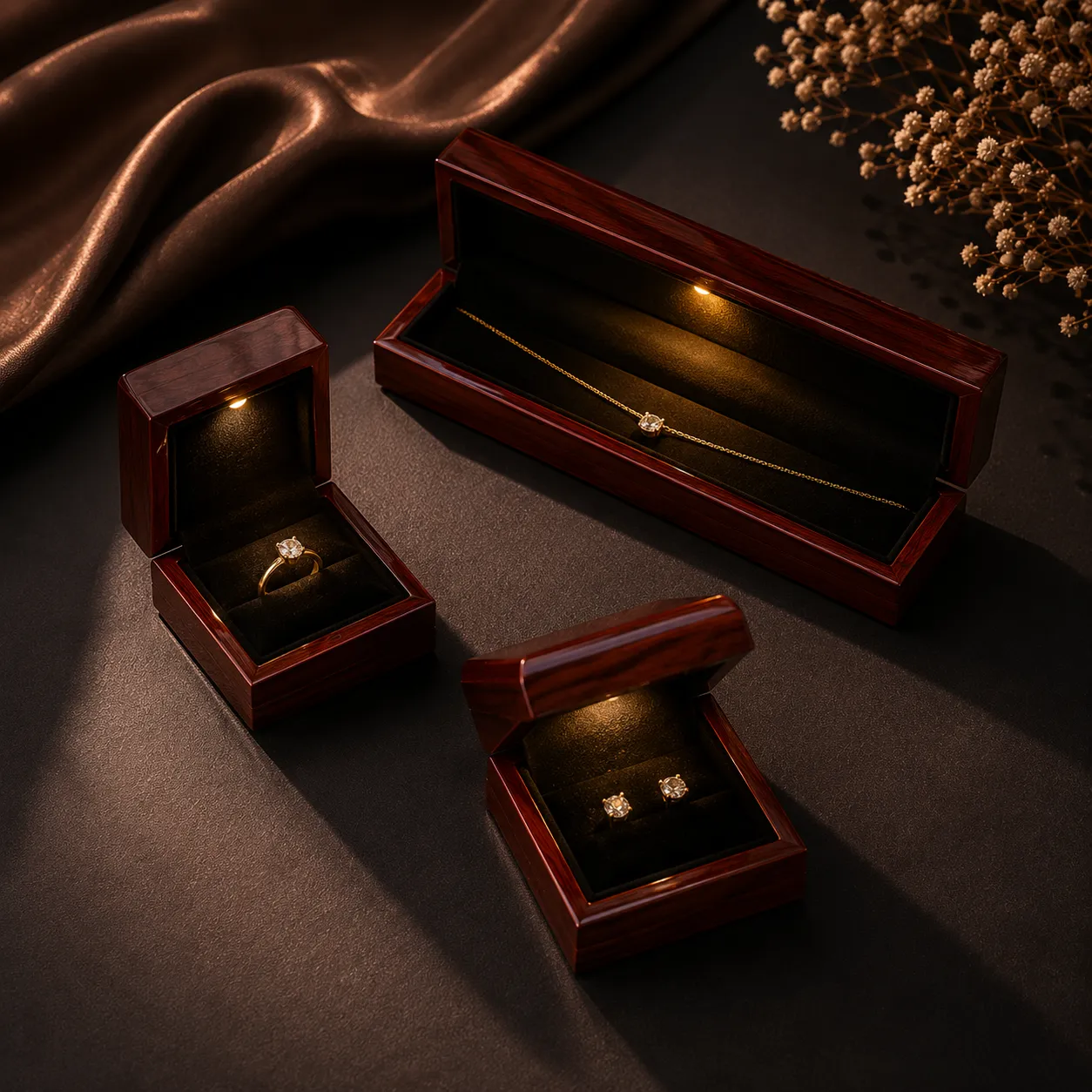 Gloss wood grain jewelry boxes with LED lights for rings, earrings and necklaces