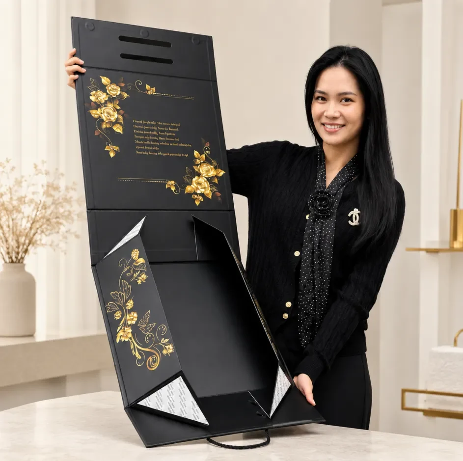 High-end women's fashion magnetic gift box with handle and gold floral printing