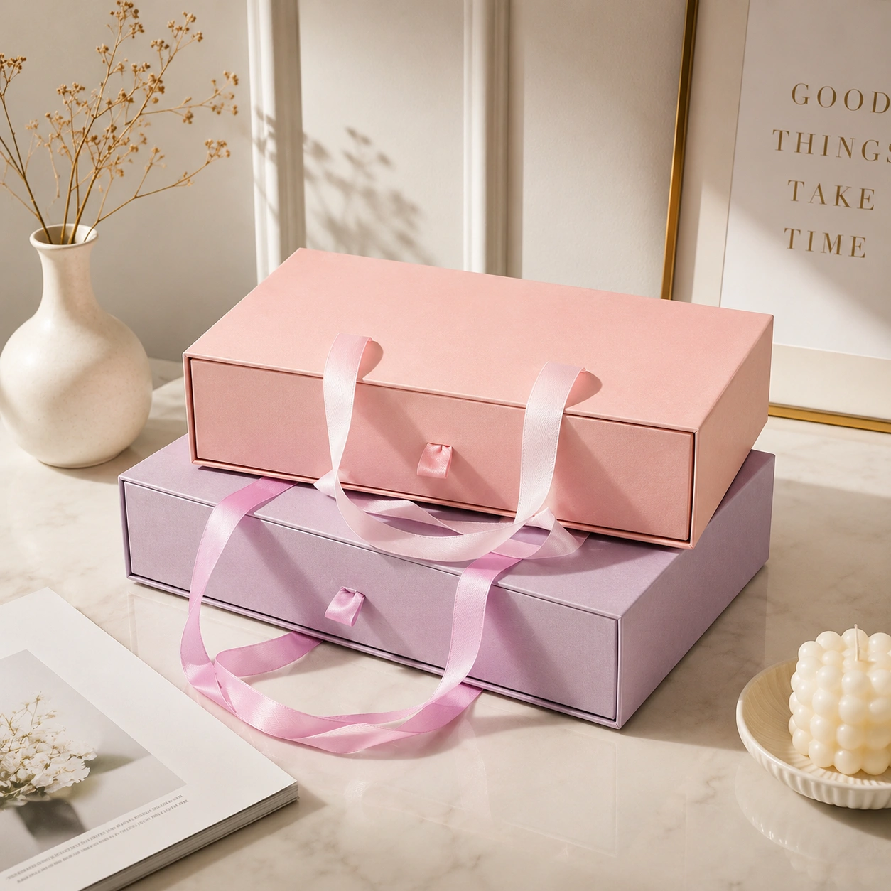 Luxury rigid apparel gift boxes with ribbon handles for premium fashion packaging