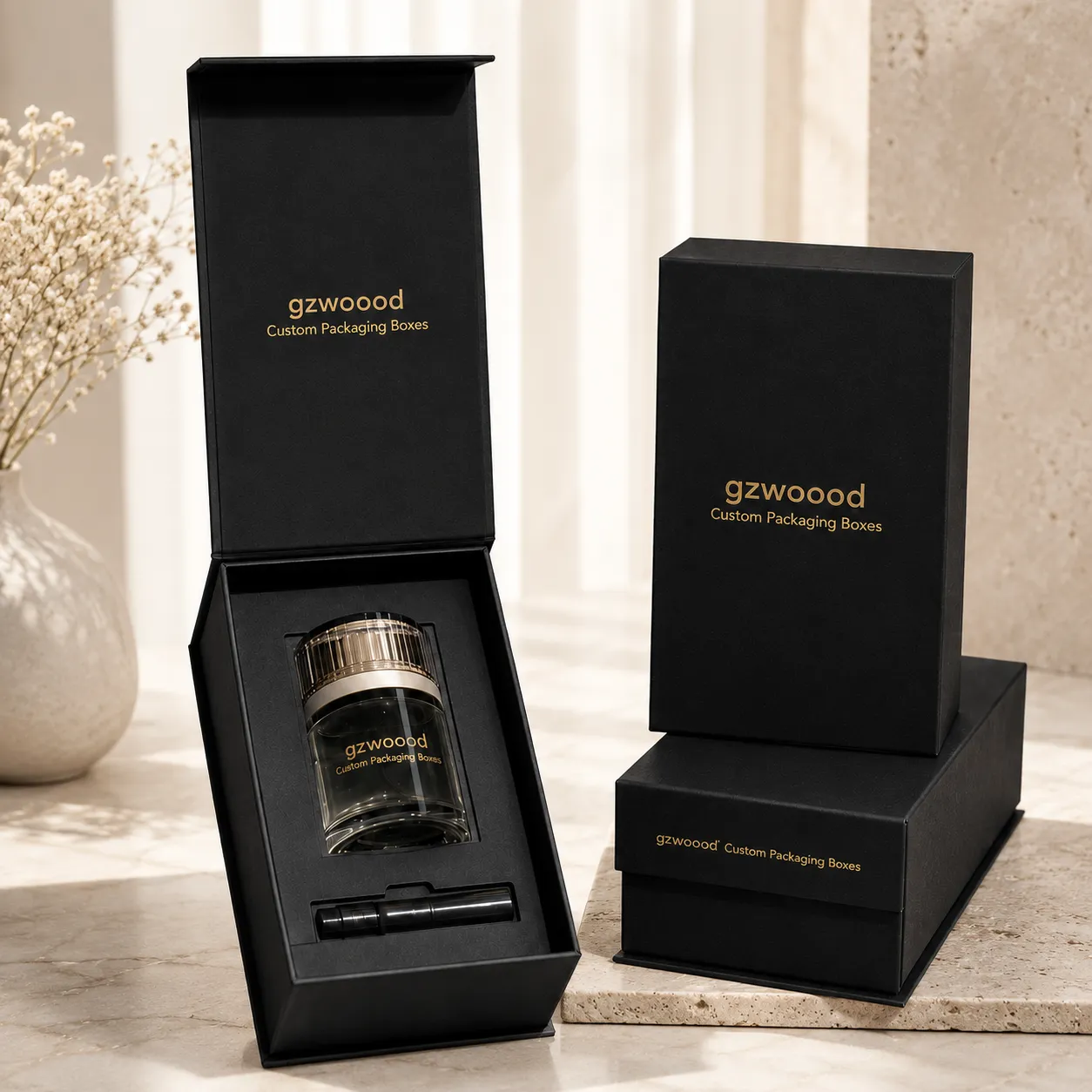 Luxury black perfume gift box with custom foam insert