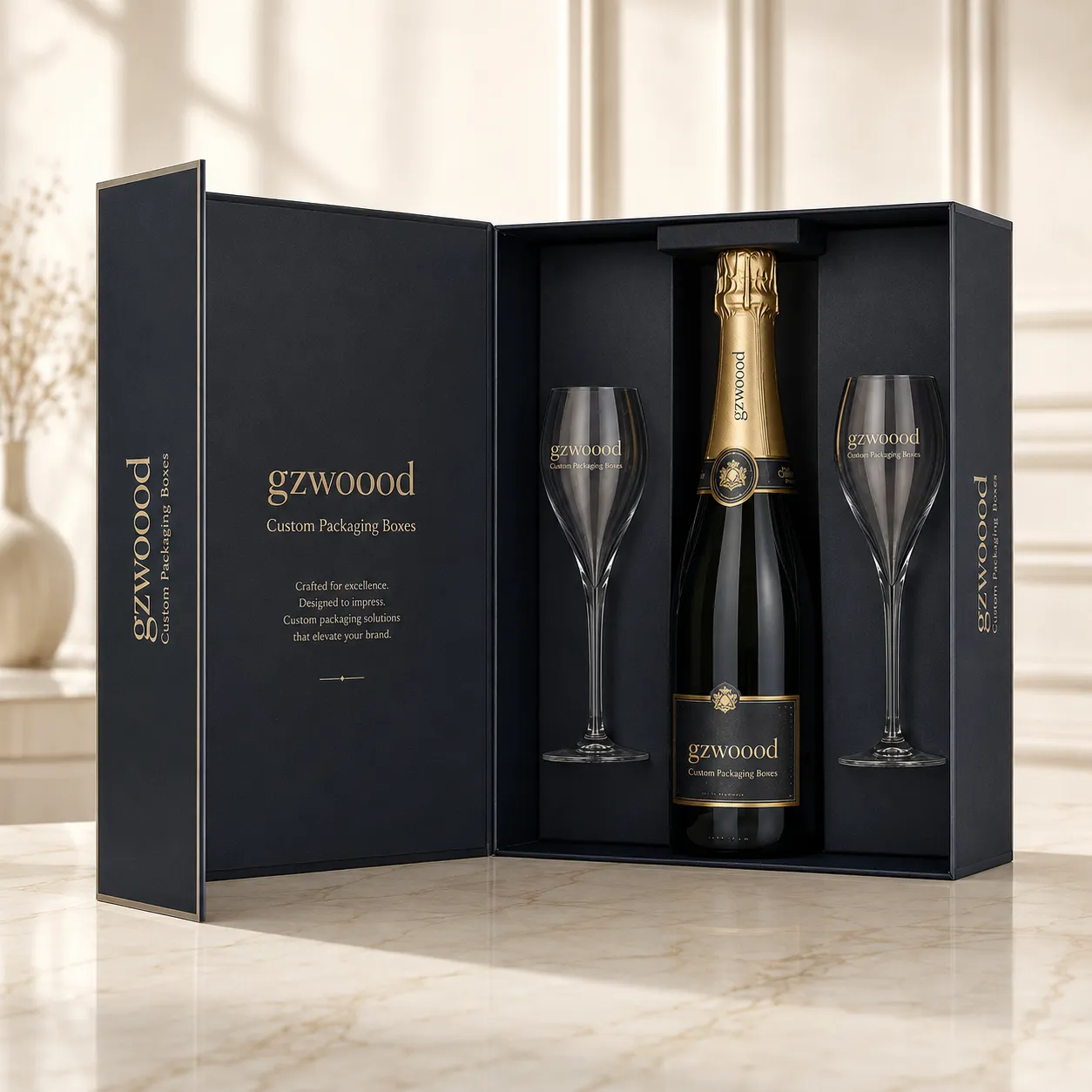 Luxury champagne gift set box with space for one bottle and two glasses