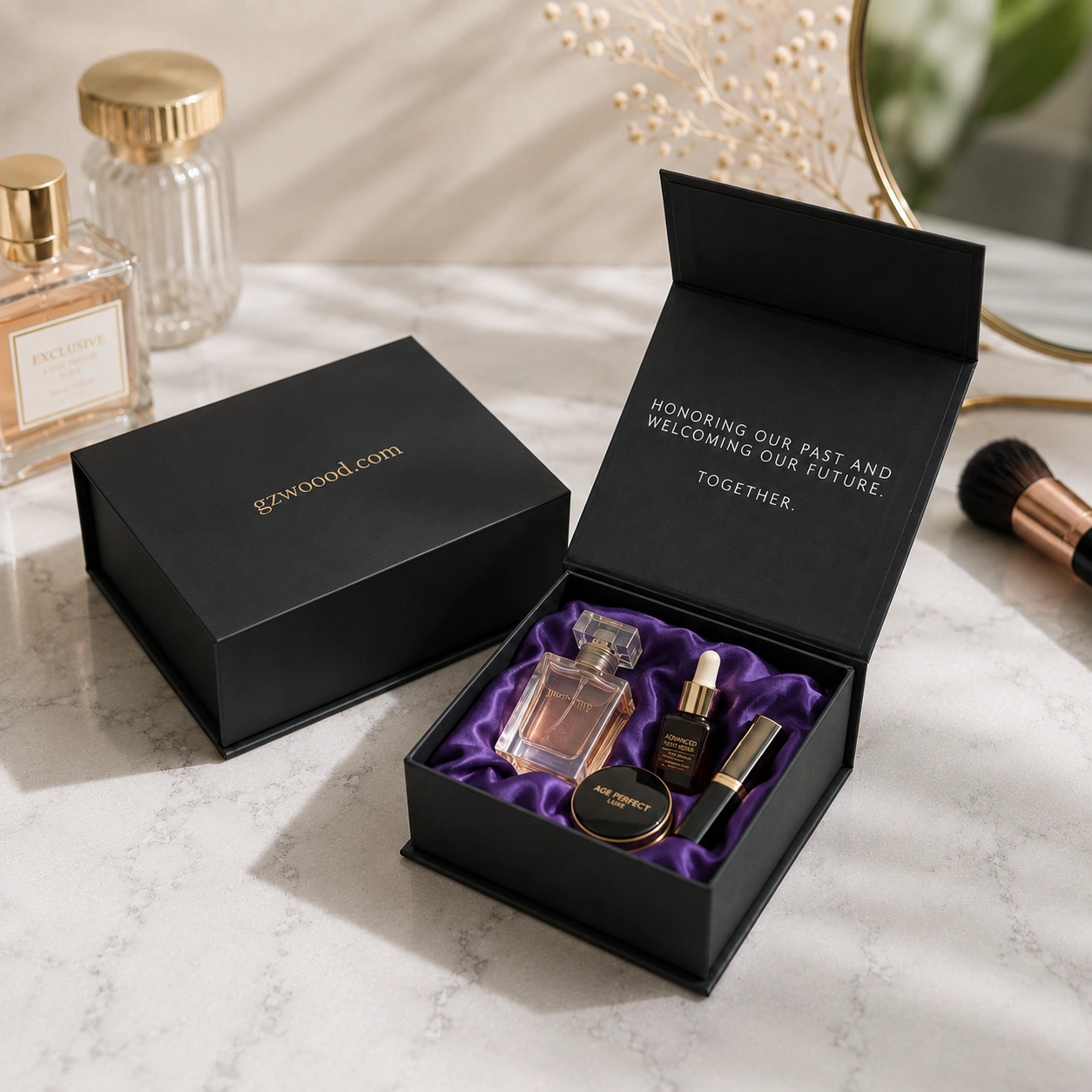 Luxury rigid cosmetic gift box with soft satin insert for skincare, perfume and makeup sets