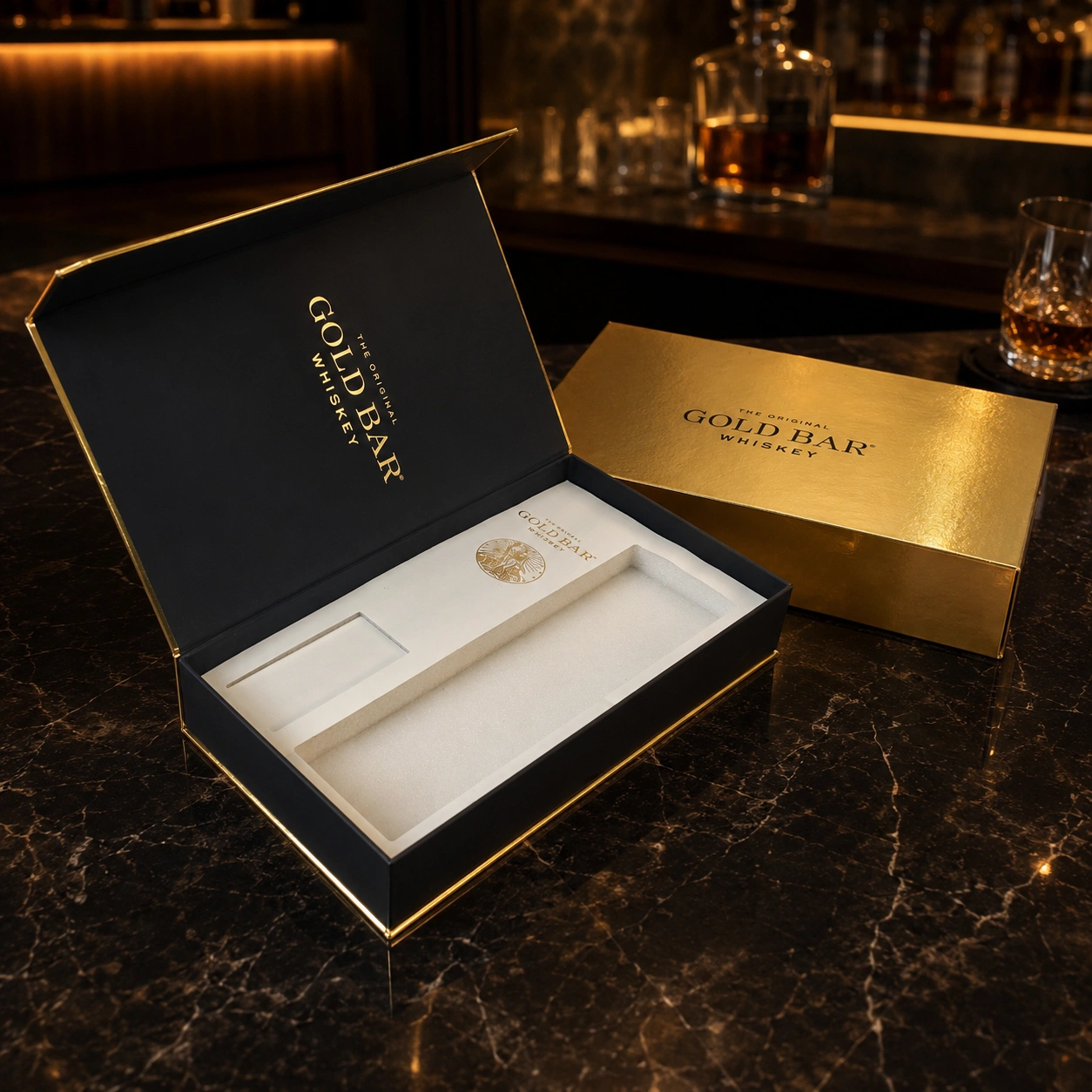 Black luxury magnetic gift box with gold foil logo for premium gifts