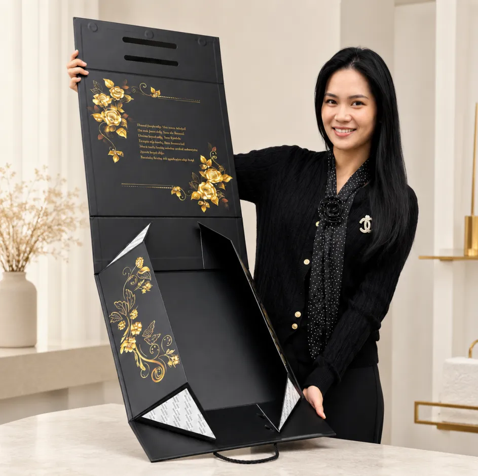 Luxury foldable womens handbag packaging box with magnetic closure and carrying handle