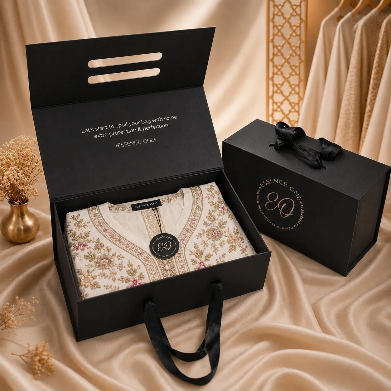 Black rigid magnetic gift box with ribbon handles for abayas, dresses and luxury clothing