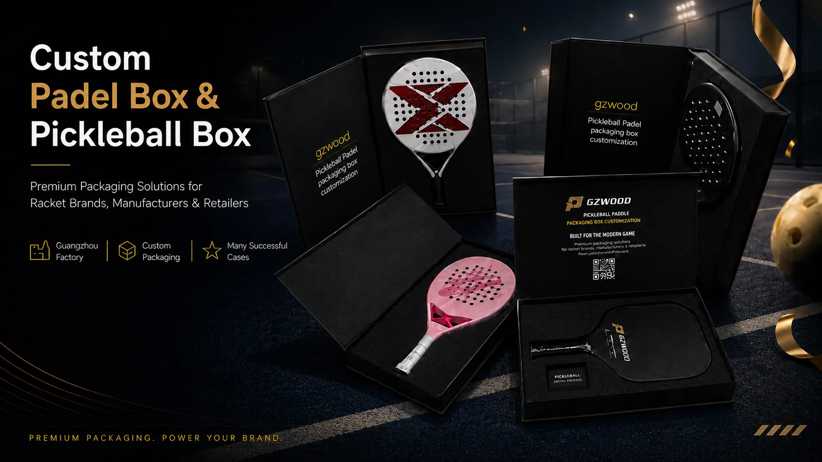 Custom padel and pickleball packaging boxes made by gzwoood