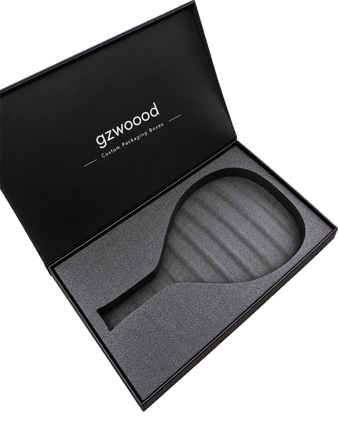 Open racket packaging box with a precision-cut foam insert