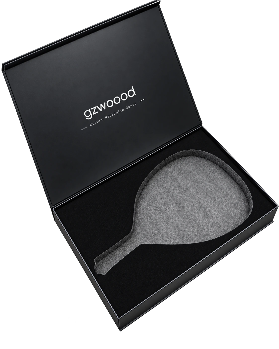 Open racket packaging box with a velvet-lined foam insert
