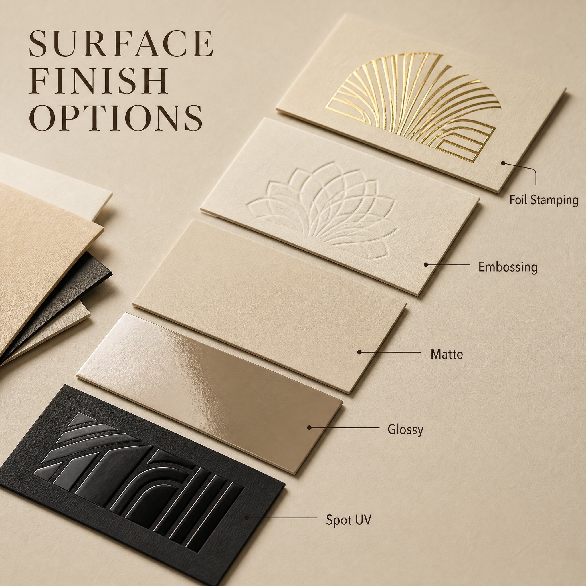Surface finish samples showing foil stamping, embossing, matte, glossy and spot UV