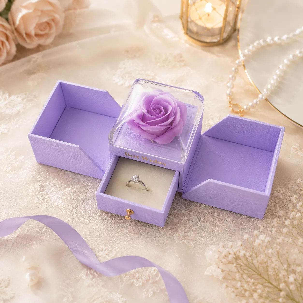 Valentine surprise double-door jewelry gift box with preserved flower and ring drawer