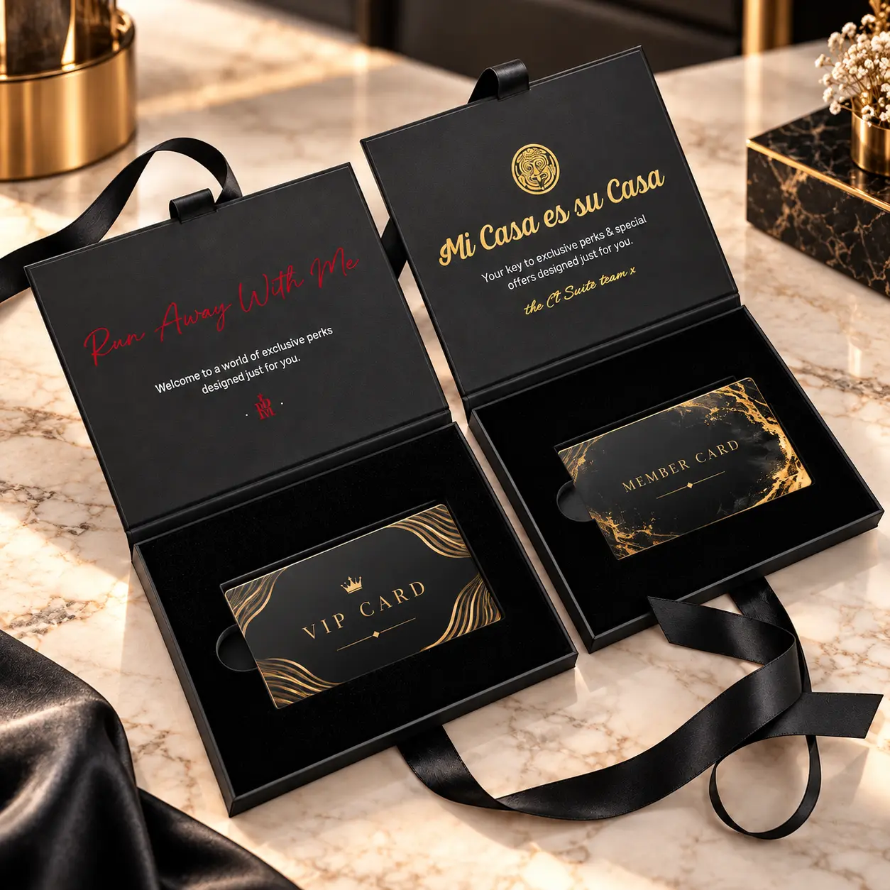 Premium custom VIP and membership card presentation boxes in black rigid cardboard